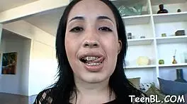 gorgeous teen rubs her pussy before wild blowjob, deepthroat sucking cock