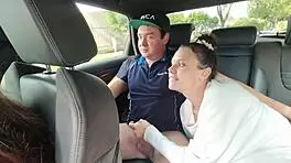 Girl slobbers on guy’s cock in back seat of moving car, so wild! 🚗💦