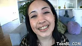 gorgeous teen rubs her pussy before wild blowjob, deepthroat sucking cock