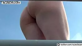 Czech girls flash shaved pussy in public voyeur clips