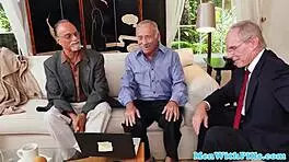 Amateur teen girl next door visits three old neighbors