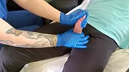 Curvy blonde nurse visits patient for handjob