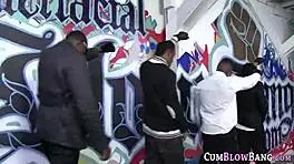 Slender Teen Participates in Group Blowbang with Big Cocks