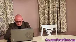 Petite young masturbates old man with handjob and fingering to cumshot.