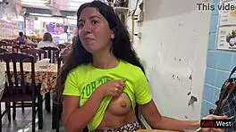 Katty West flashes bare pussy at Asian cafe during lunch