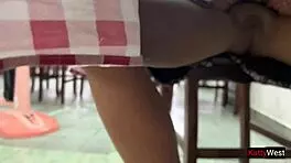 Katty West flashes bare pussy at Asian cafe during lunch