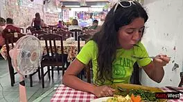 Katty West flashes bare pussy at Asian cafe during lunch