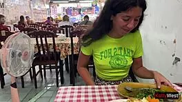 Katty West flashes bare pussy at Asian cafe during lunch