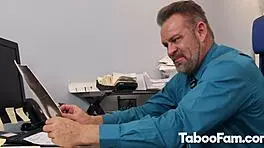 Horny teen visits stepdaddy's office for some roleplay action