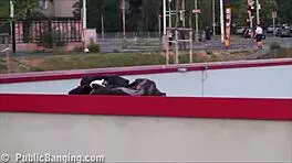 very cute young 18+ girl joins risky public gangbang with two teen guys