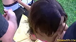 Tiny trisha handles blowbang with 5 big dicks.