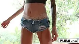 Hot blonde babe cums hard by the window!