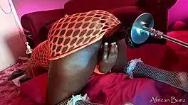 Monster black cock stretches wet tight pussy under fishnet dress, teasing with oversized fuckmachine dildo