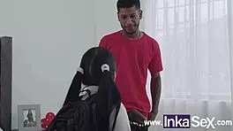 Schoolgirl and stepfather catch boyfriend masturbating with her panties, then she gets hard anal.