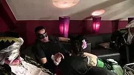 Four masked teens blow big cocks in orgy at masquerade ball