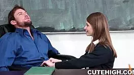 Her favorite teacher bends petite brunette over for hard action