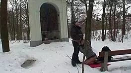 Teen gets fucked in the snow by daddy