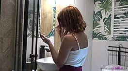 Hot Redhead Girlfriend Flashes Tight Pussy in Bathroom