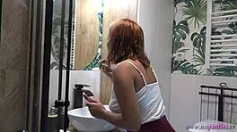 Hot Redhead Girlfriend Flashes Tight Pussy in Bathroom