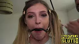 Petite British sub swallows cum after rough bondage and cowgirl sex