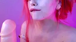 Petite 18+ e-girl on webcam sucks dildo toys while bent over showing horny tits