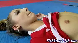 Spandex-clad lesbians wrestle and get licked by teen 18+ cheerleaders