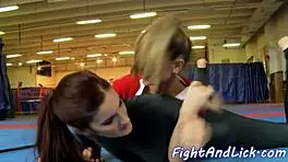 Spandex-clad lesbians wrestle and get licked by teen 18+ cheerleaders