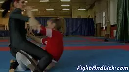 Spandex-clad lesbians wrestle and get licked by teen 18+ cheerleaders