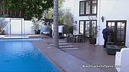 slutty bikini teen hints at gagging on big black cock in deepthroat.