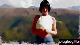 Skinny Brunette Sophia Shows Small 18+ Tits on Hilltop Outdoor Strip