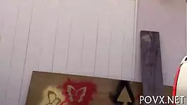 Alluring slut bent over in doggystyle, licking erected cock in rough pov sex