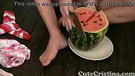 Cute Cristina undresses for striptease with watermelon