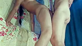 Indian teen deepthroats in standing doggy.