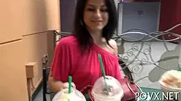 Teen with small tits sucks erected cock roughly