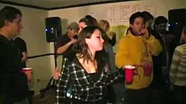 College pregnant slut in fishnets sucks dick at party.