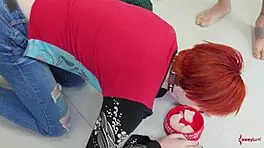 Submissive gets flogged, drinks lube in rough bondage