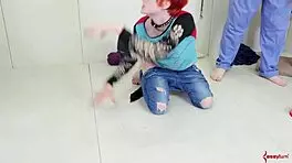 Submissive gets flogged, drinks lube in rough bondage