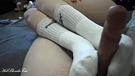 Footjob in long socks by Miley Grey