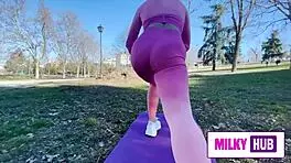 teen babe bends over in yoga for pussy stimulation