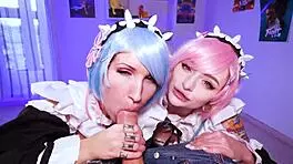 oh, rem and ram from re zero give an amazing double blowjob in pov! their perfect bodies shine