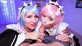 oh, rem and ram from re zero give an amazing double blowjob in pov! their perfect bodies shine