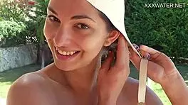 WOW! Naked Petite 18+ Brunette Pornstar Masturbating by the Pool in Hot Scene!