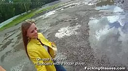 fucking glasses teen gets blowjob and pussy pounded on construction site, swallowing cum