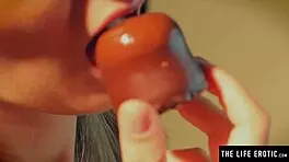 Hot sexy girl rubs cream on her big tits and hairy pussy