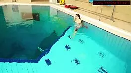 Hairy ginger Polish teen 18+ swims naked in pool underwater, showing tits in bikini