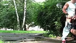 Man, cum on face of this hot big-titted woman in a wild public street threesome! 😈