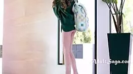 Milf comforts son's girlfriend with gentle kisses and caresses.