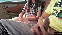 Hey, suck this cock in the taxi! Driver won’t notice our risky public play.