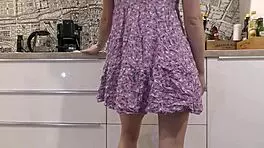 hot babe girlfriend teases with pussy and tits in kitchen for casting in skimpy sundress. nothing hidden in this audition scene.