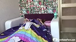 Intense Morning Masturbation With Horny Brunette Teen Fingering Her Tight Pussy In Homemade Bed